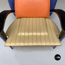 Charger l'image dans la galerie, Black solid wood and leather multicolor armchair with curved armrests, 1980s