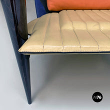 Charger l'image dans la galerie, Black solid wood and leather multicolor armchair with curved armrests, 1980s