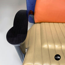 Charger l'image dans la galerie, Black solid wood and leather multicolor armchair with curved armrests, 1980s