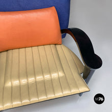 Charger l'image dans la galerie, Black solid wood and leather multicolor armchair with curved armrests, 1980s