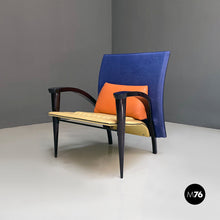 Charger l'image dans la galerie, Black solid wood and leather multicolor armchair with curved armrests, 1980s
