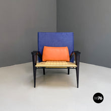 Charger l'image dans la galerie, Black solid wood and leather multicolor armchair with curved armrests, 1980s