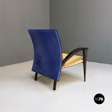 Charger l'image dans la galerie, Black solid wood and leather multicolor armchair with curved armrests, 1980s
