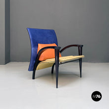 Charger l'image dans la galerie, Black solid wood and leather multicolor armchair with curved armrests, 1980s