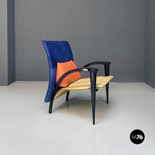 Charger l'image dans la galerie, Black solid wood and leather multicolor armchair with curved armrests, 1980s