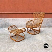 Load image into Gallery viewer, Rattan B4 armchair and pouf by Tito Agnoli for Bonacina, 1950s