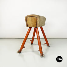 Load image into Gallery viewer, Orange metal and brown tan suede gym horse, 1960s