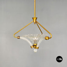 Load image into Gallery viewer, Brass and art glass chandelier, 1940s