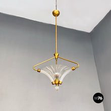 Load image into Gallery viewer, Brass and art glass chandelier, 1940s