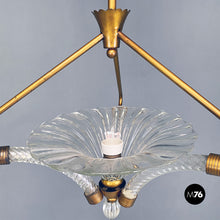 Load image into Gallery viewer, Brass and art glass chandelier, 1940s