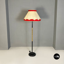 Load image into Gallery viewer, Metal, brass and beige and red fabric floor lamp, 1940s