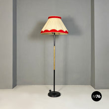 Load image into Gallery viewer, Metal, brass and beige and red fabric floor lamp, 1940s