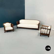 Load image into Gallery viewer, Wooden sofa and armchairs with white fabric, 1940s