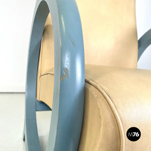 Armchair in beige leather and light blue wood, 1980s