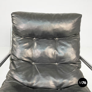 Armchairs in metal and black synthetic leather, 1970s