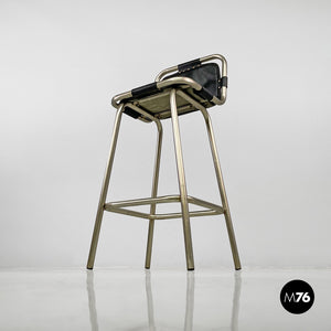Stools in metal and black leather, 1970s