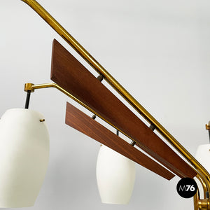 8-light chandelier in opaline glass, brass, metal and wood, 1950s