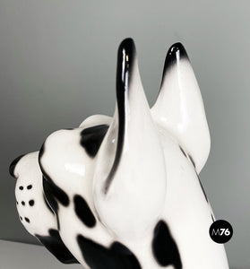 Black and white ceramic sculpture of Harlequin Great Dane dog, 1980s