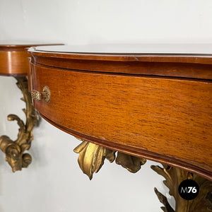 Bedside tables in golden finish wood, brass and glass, 1900s