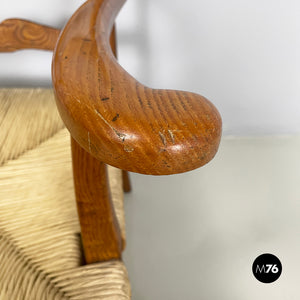 Armchairs in woven straw and wood, 1940s