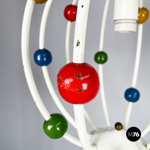 White iron chandelier with colored spheres, 1940s