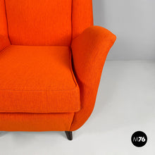 画像をギャラリービューアに読み込む, Armchair with orange fabric and wood, 1950s
