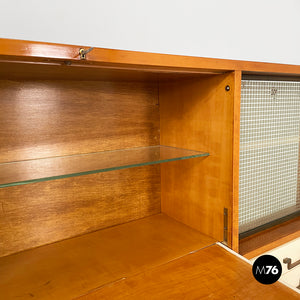 Sideboard in wood, brass and glass, 1940s