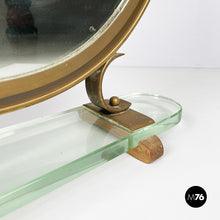 画像をギャラリービューアに読み込む, Adjustable table mirror in brass, glass and wood, 1950s
