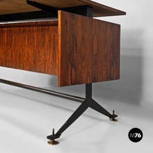 将图片加载到图库查看器，Desk in wood, black metal and brass, 1960s
