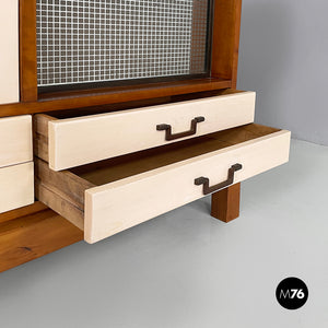 Sideboard in wood, brass and glass, 1940s