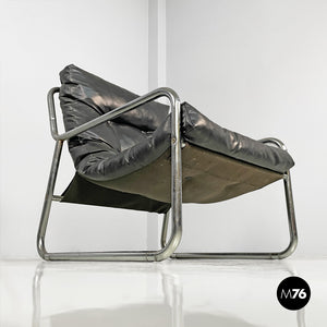 Armchairs in metal and black synthetic leather, 1970s