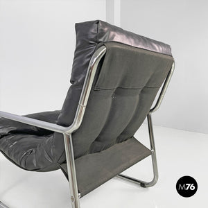 Armchairs in metal and black synthetic leather, 1970s