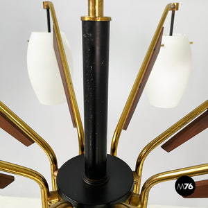 8-light chandelier in opaline glass, brass, metal and wood, 1950s