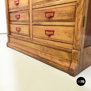 Office filing cabinet in wood and red metal, 1940s