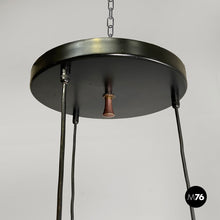 将图片加载到图库查看器，Three-light chandelier in glass and black metal, 1950s
