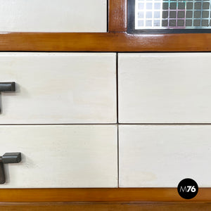 Sideboard in wood, brass and glass, 1940s