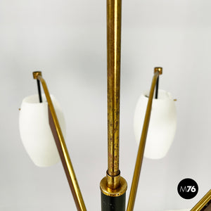 8-light chandelier in opaline glass, brass, metal and wood, 1950s