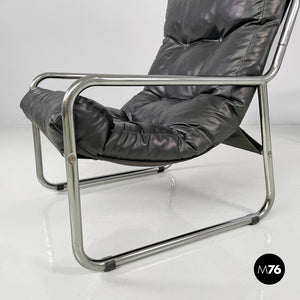 Armchairs in metal and black synthetic leather, 1970s