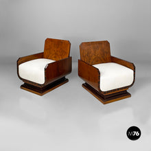 将图片加载到图库查看器，Armchairs in wood and white leatherette, 1930s
