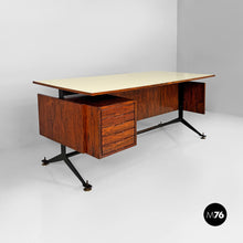 将图片加载到图库查看器，Desk in wood, black metal and brass, 1960s
