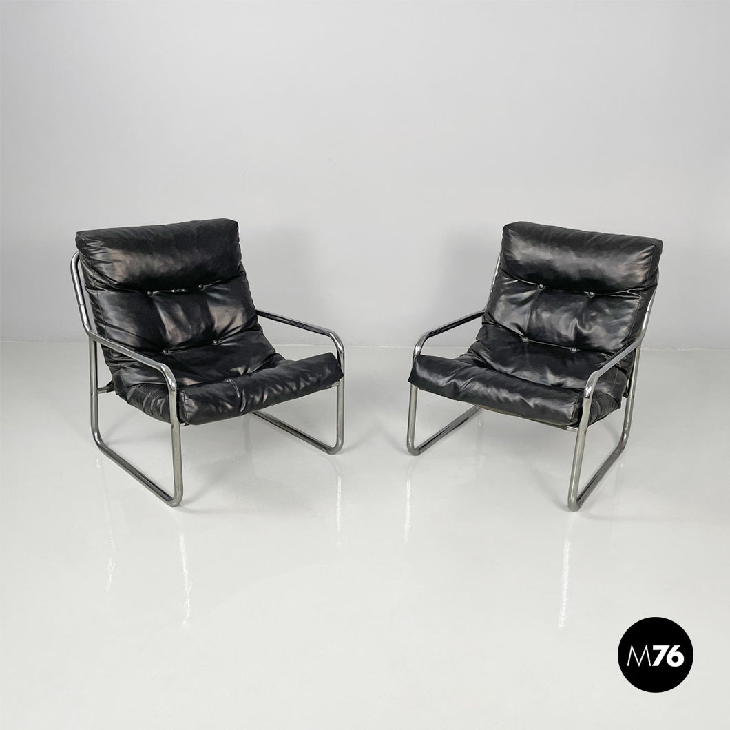 Armchairs in metal and black synthetic leather, 1970s