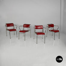 画像をギャラリービューアに読み込む, Chairs in metal and red faux leather, 1930s
