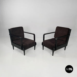 Armchairs in wood and brown velvet, 1940s