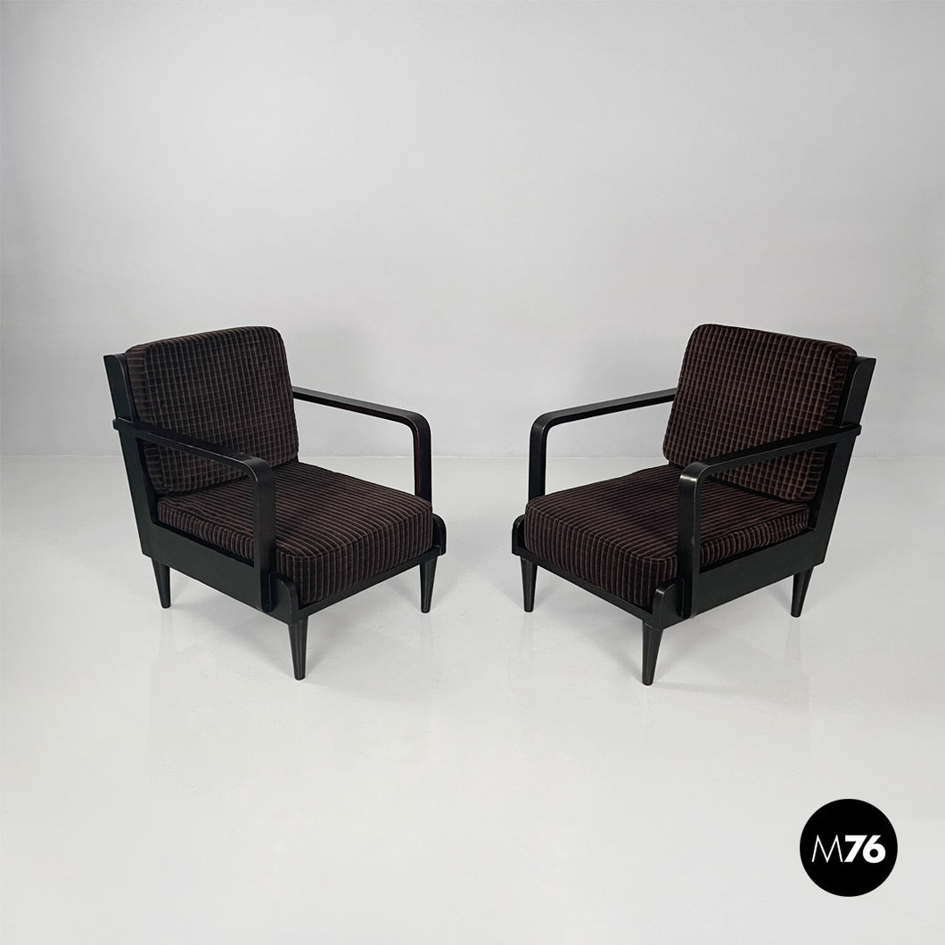Armchairs in wood and brown velvet, 1940s
