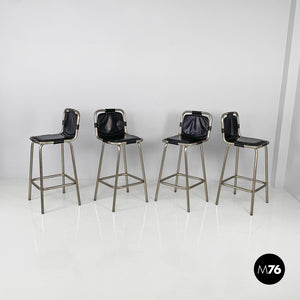 Stools in metal and black leather, 1970s