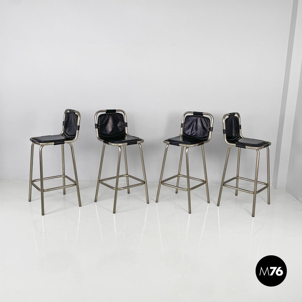 Stools in metal and black leather, 1970s