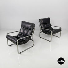 Load image into Gallery viewer, Armchairs in metal and black synthetic leather, 1970s
