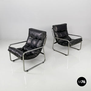Armchairs in metal and black synthetic leather, 1970s