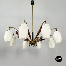 Carica l&#39;immagine nel visualizzatore di Gallery, 8-light chandelier in opaline glass, brass, metal and wood, 1950s
