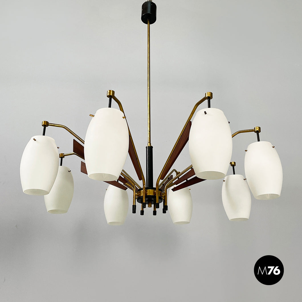 8-light chandelier in opaline glass, brass, metal and wood, 1950s